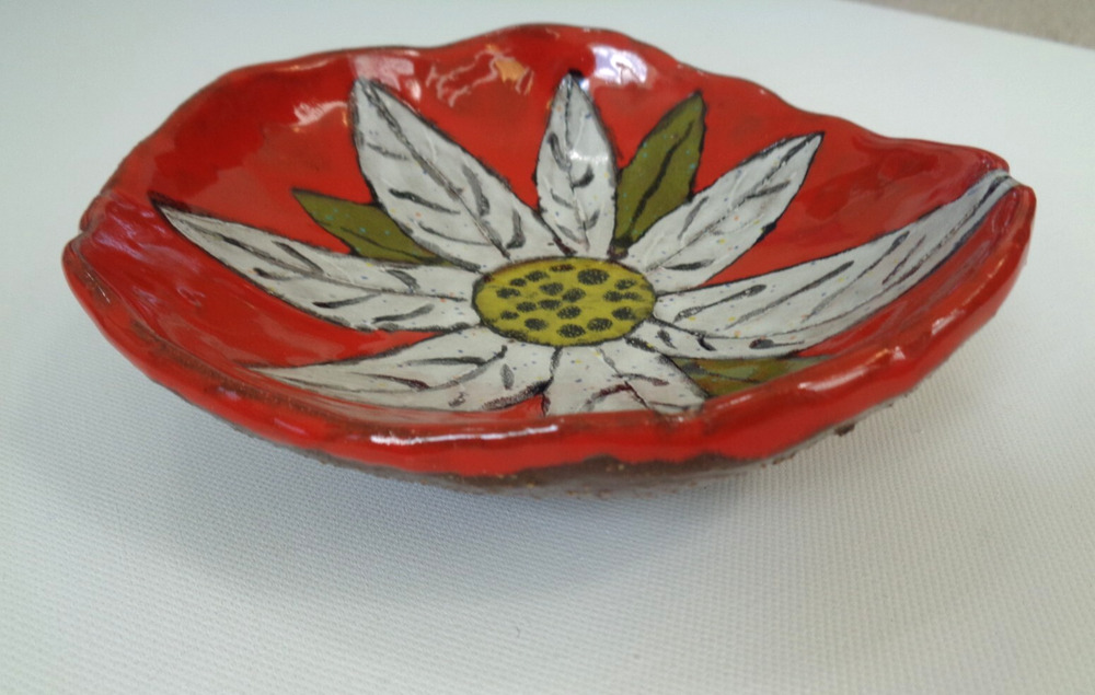 Signed JLM Studio Art Stoneware Pottery Dish Handmade Orange White Flower MCM 6"